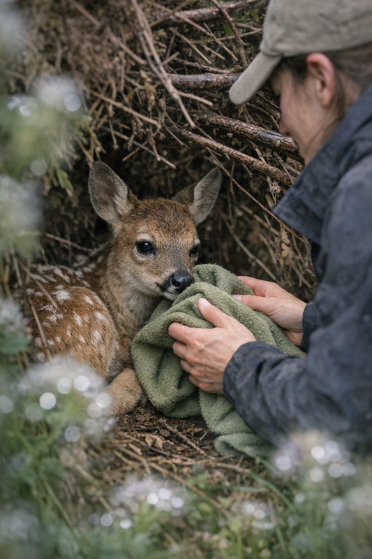 A fragile fawn curled in a foggy meadow at dawn after a storm, rescued by a wildlife volunteer