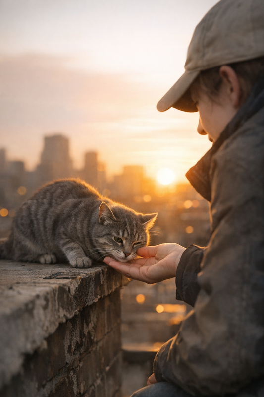 Gray tabby cat trapped on a New York City rooftop awaiting rescue by Feline Friends NYC team