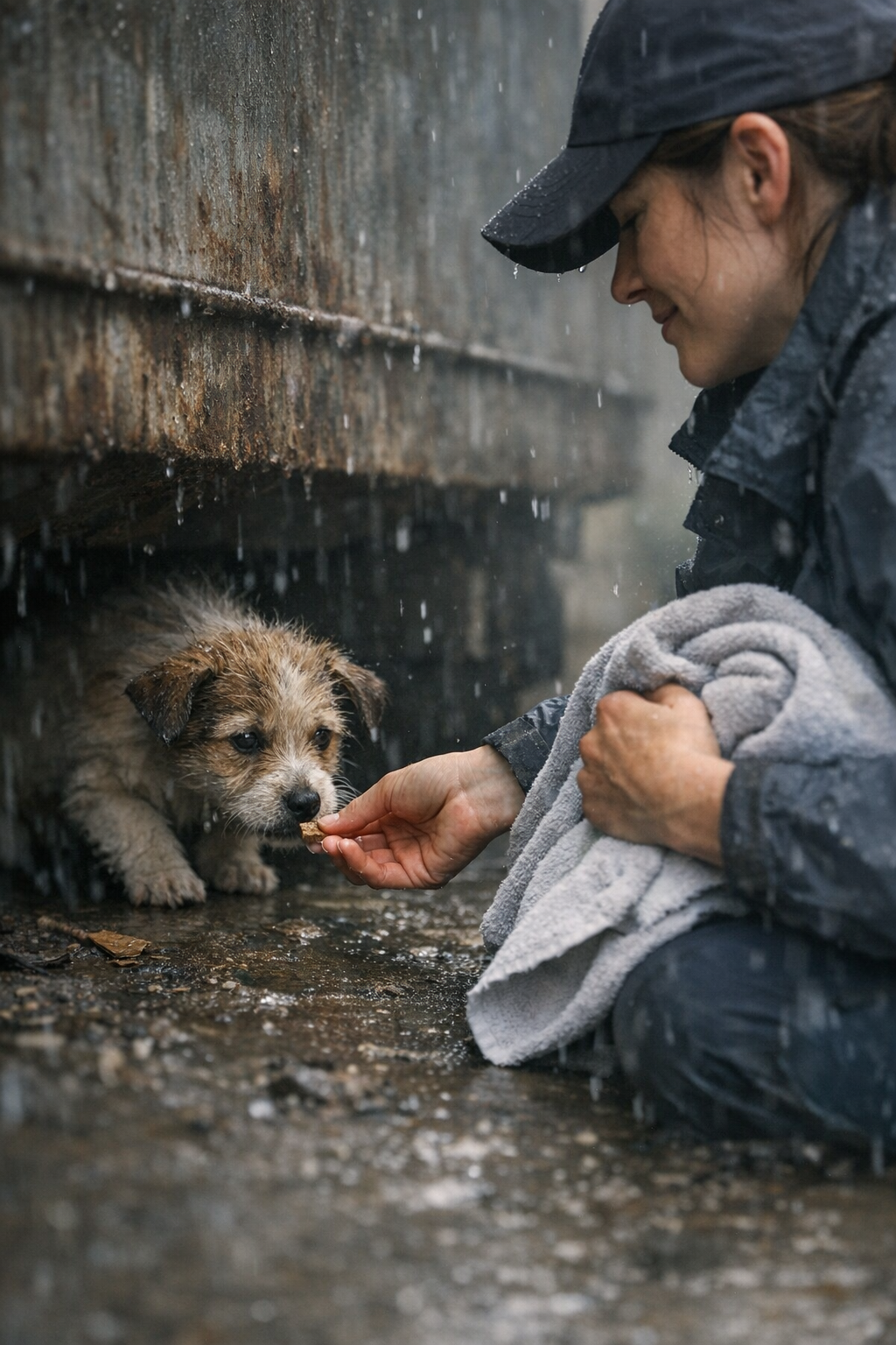 FurKids Atlanta rescuers gently comforting a shivering puppy during a rainy day rescue