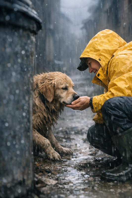 Trembling golden retriever lost in alley during rainstorm awaiting rescue