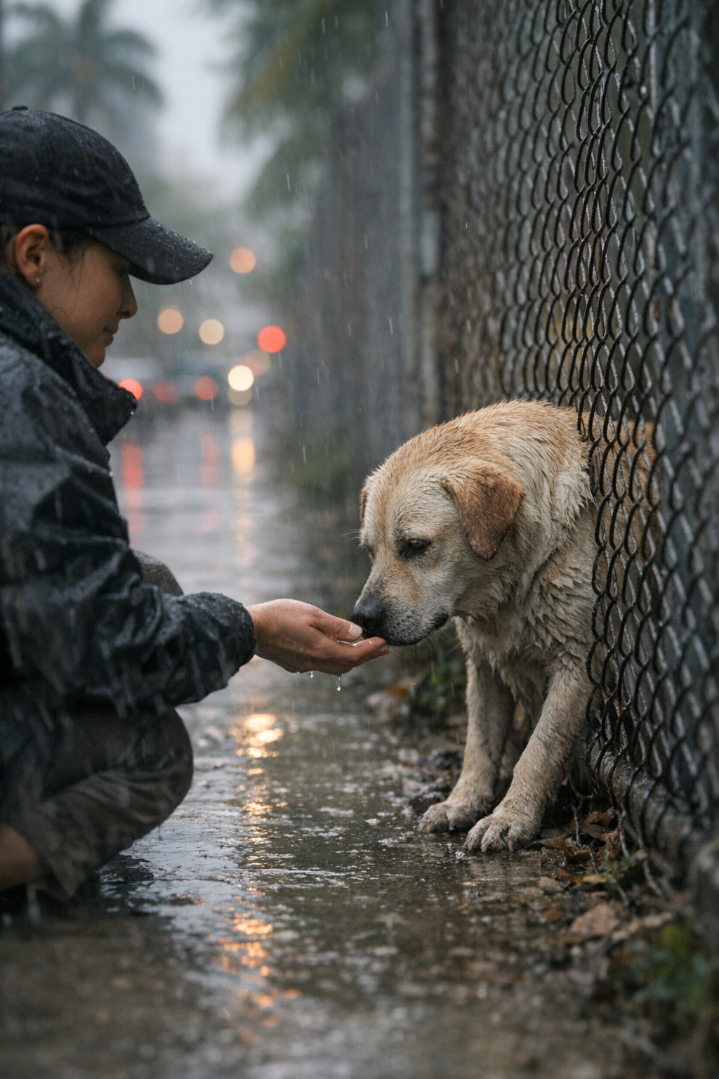Volunteer rescuing a wet, frightened Labrador mix puppy from flooded Miami street during heavy rain by Paws4You Rescue
