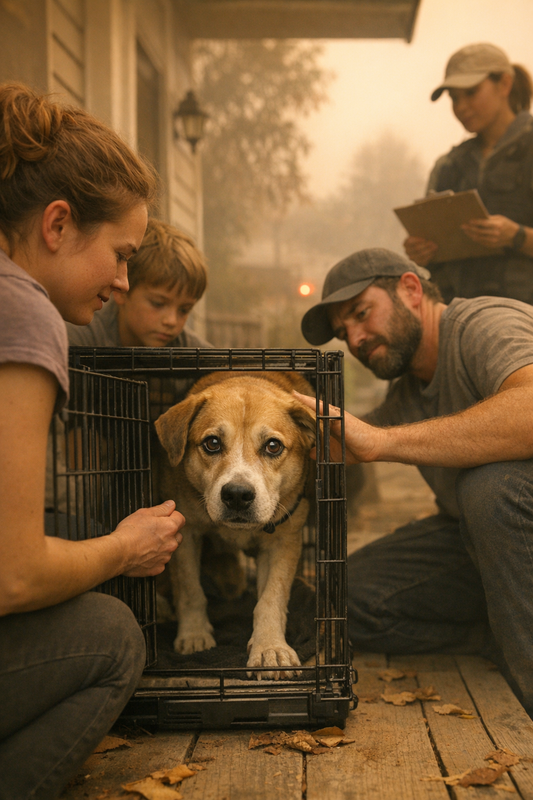 Dogs on leashes and cats in carriers ready during wildfire season smoke in the air