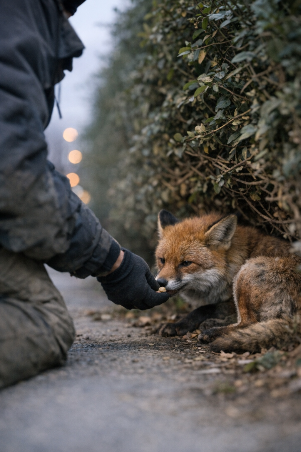 Volunteer gently feeding an injured fox near the city limits during rescue efforts