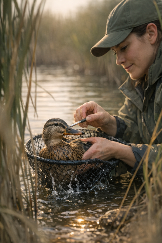 Duck with a sharp black crossbow bolt stuck in its beak floating quietly on still water under a gray sky