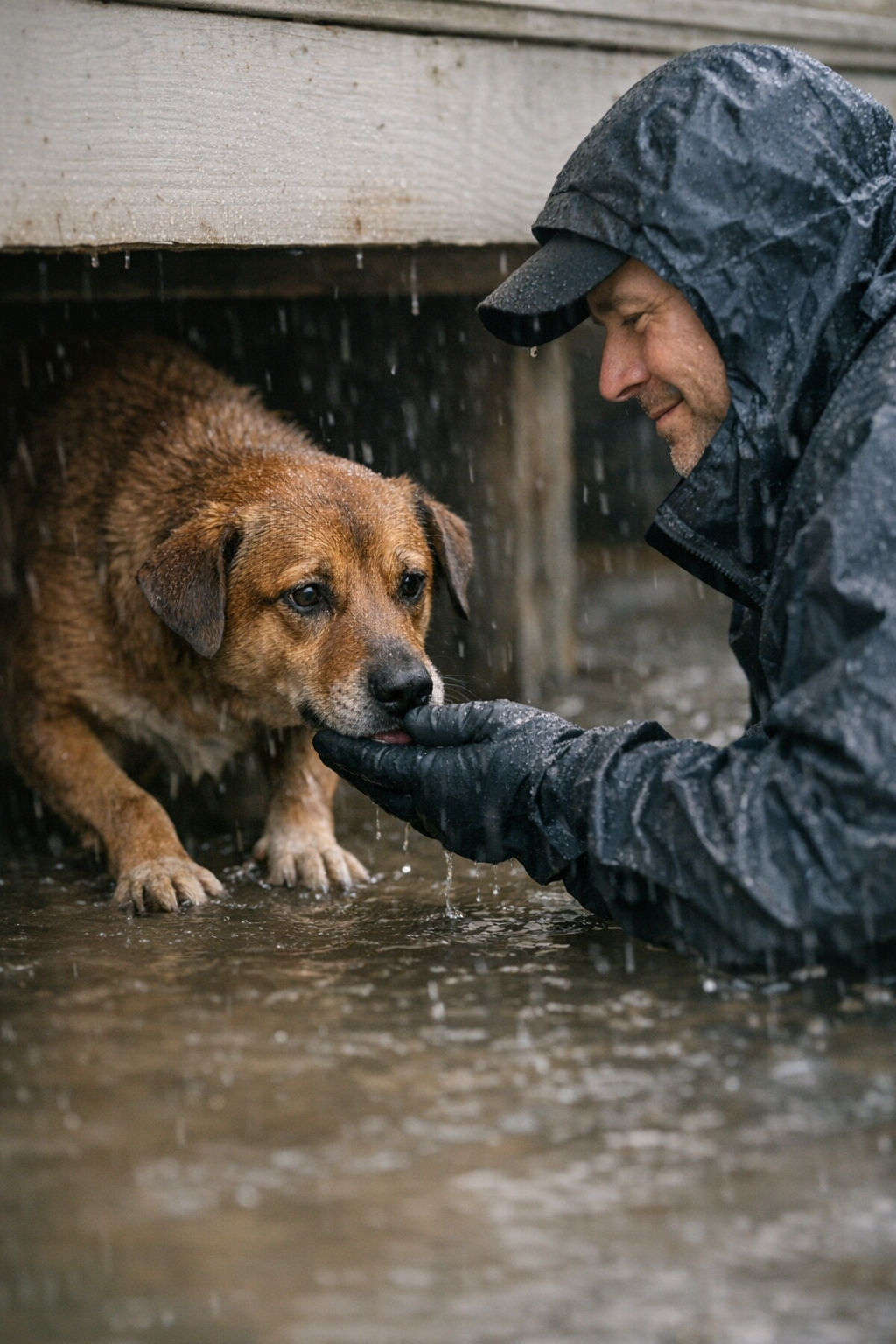 Volunteer gently rescuing a wet brown dog from floodwaters on her journey to safety