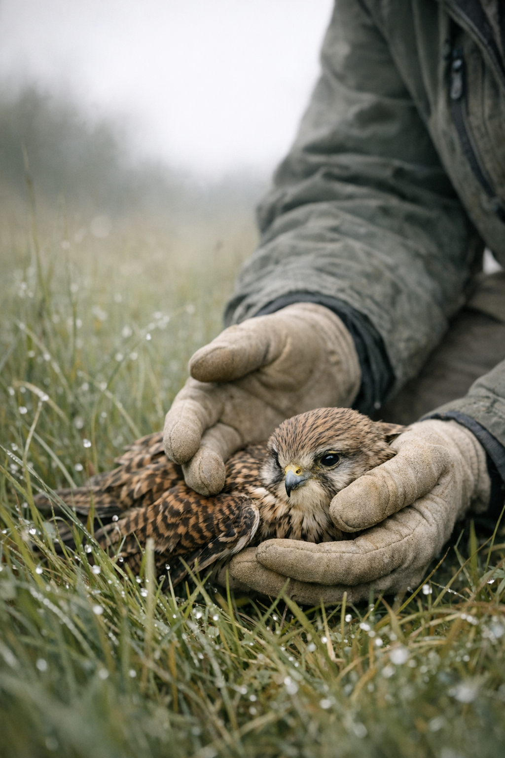 Rescue team gently holding injured kestrel aided by wildlife rescue technology