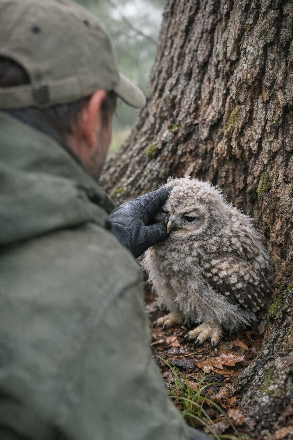 Orphaned owlet being gently cared for by Brazos Valley Wildlife Rescuers in a warm enclosure