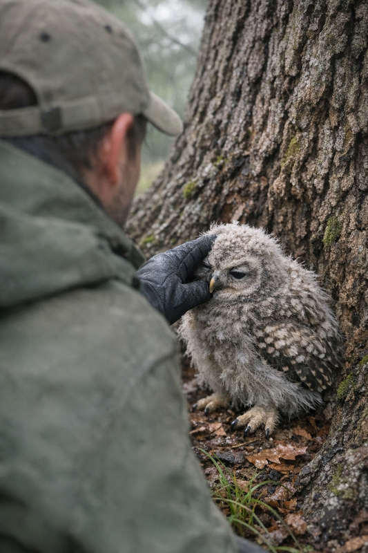 Orphaned owlet being gently cared for by Brazos Valley Wildlife Rescuers in a warm enclosure