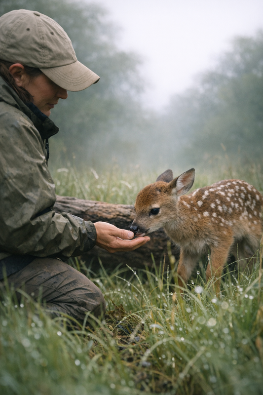 Newborn fawn trembling near fallen log being gently approached by wildlife rescuer in Brazos Valley