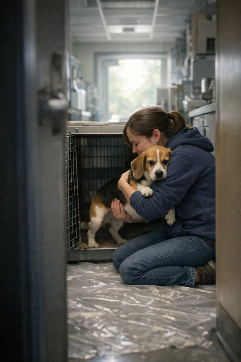 Beagles cautiously stepping out as lab doors open during rescue mission