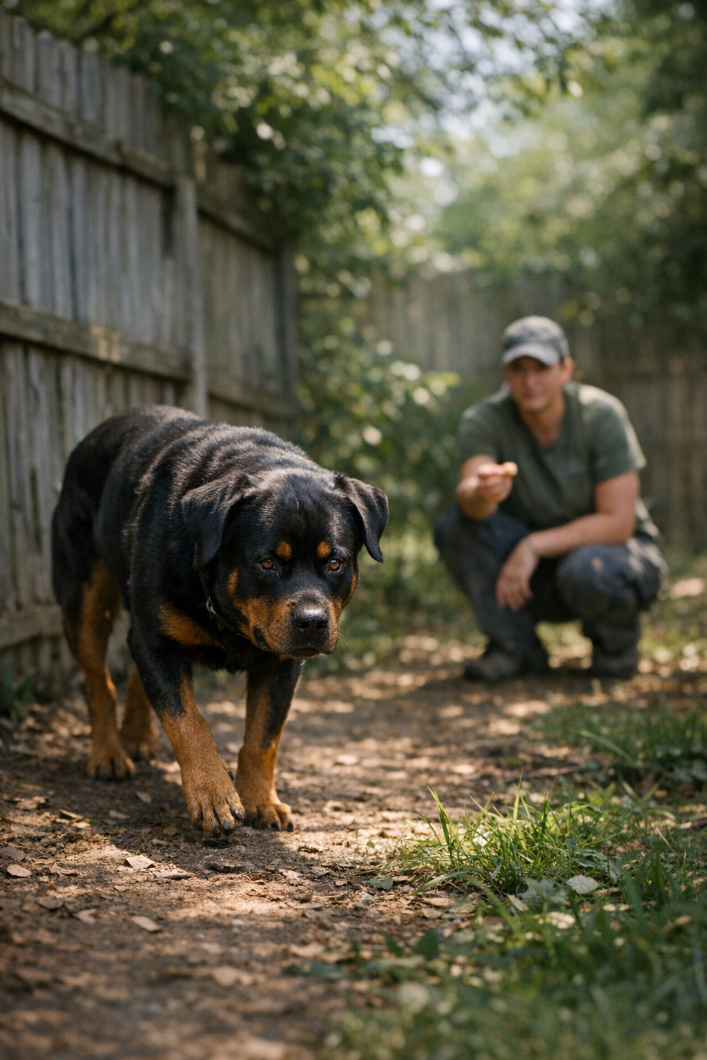 Rottweiler quietly waiting near rescue van door closing on city street