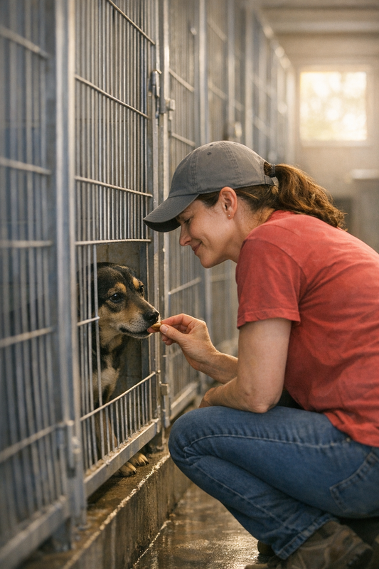 Rows of dogs in kennels at Aiken County Animal Shelter with name tags and hopeful eyes