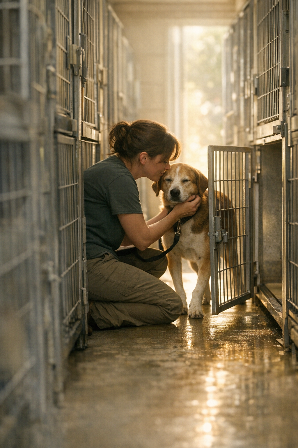 Open shelter doors with dogs waiting inside at Conroe animal shelter