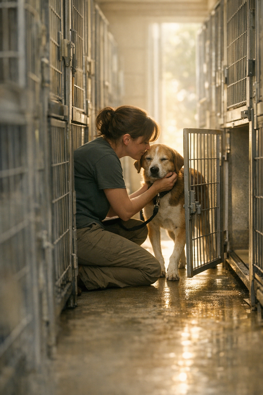 Open shelter doors with dogs waiting inside at Conroe animal shelter