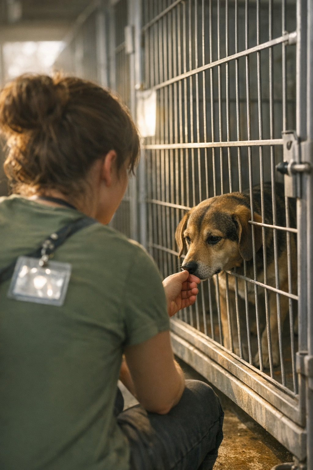 Shelter kennels with $5 Fridays adoption sign and waiting animals
