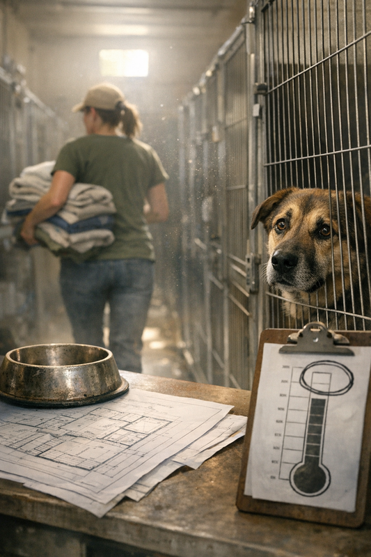 Blueprints and paw prints symbolizing new animal shelter plans in Eaton County