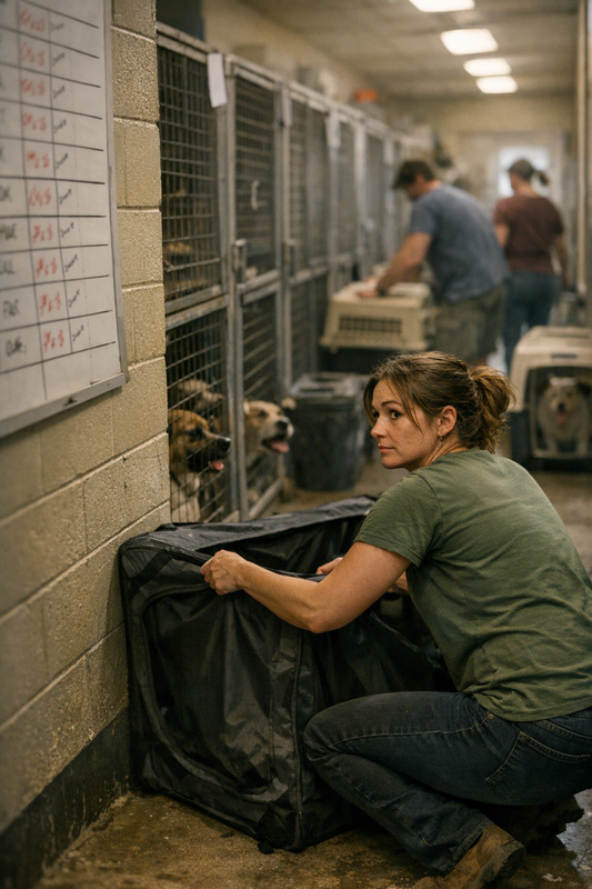 Overcrowded animal shelter kennels with rows of cages and waiting dogs and cats