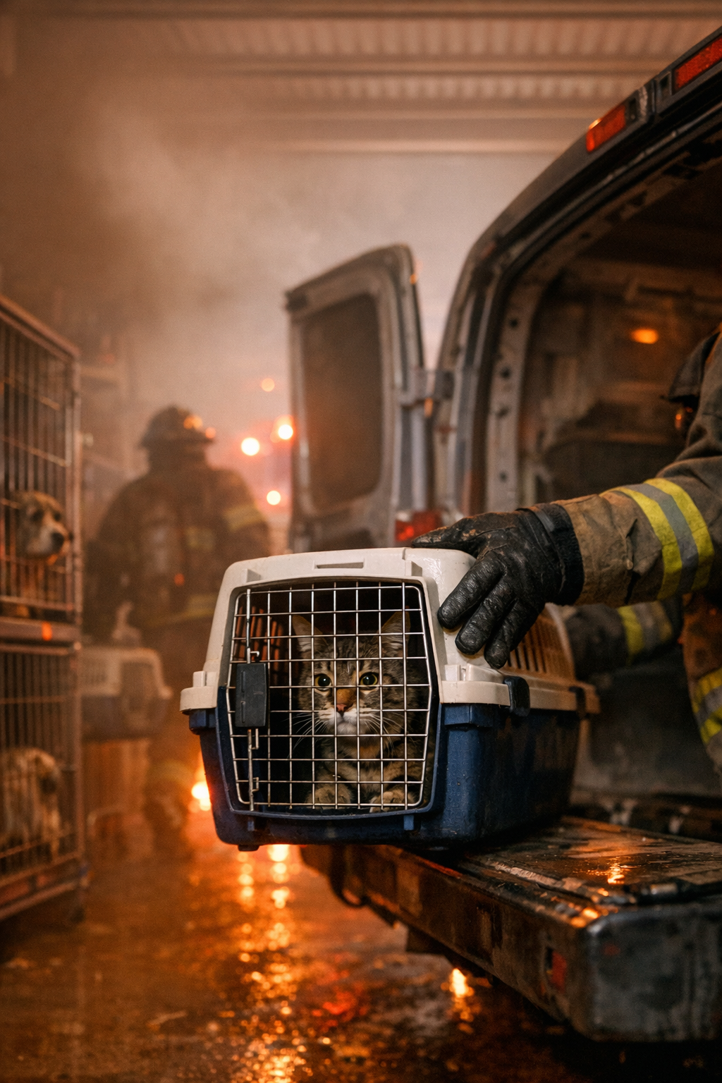 Firefighters evacuating animals from shelter during smoke-filled fire emergency
