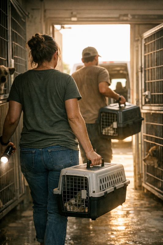 Dark hallways in animal shelter during power outage with rescue team carrying pets to safety