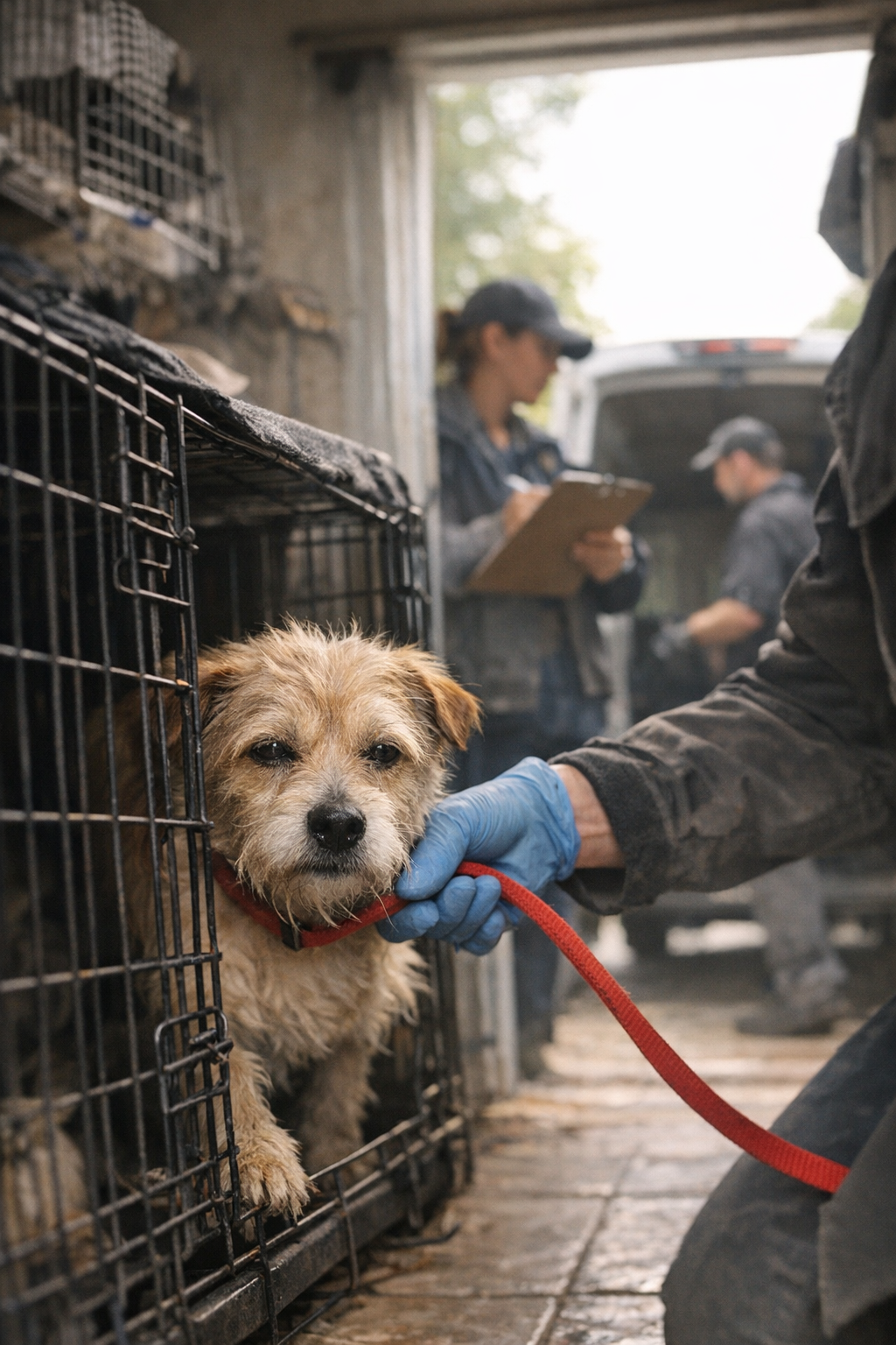 Fifty dogs in crates waiting to be rescued during hoarding break intervention