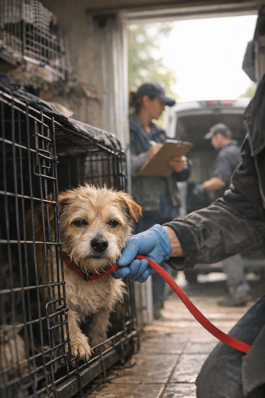 Fifty dogs in crates waiting to be rescued during hoarding break intervention