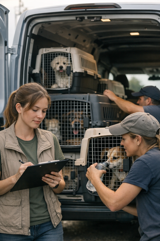 Electric van transporting rescue dogs in carriers on a cross-country journey
