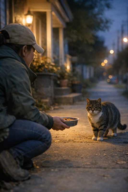 Stray cat waiting on a quiet Seneca Falls street under a porch light at dusk