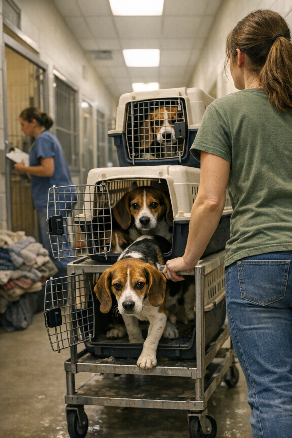 Thirty beagles cautiously exploring Delta Animal Shelter upon arrival