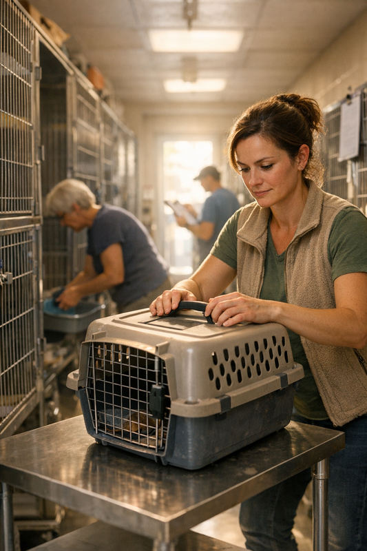 Cats and dogs waiting in a full animal shelter kennels representing shelter cat adoption challenges