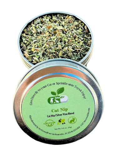 Organic Catnip and Silver Vine Mix in a round tin for cats, all-natural, pesticide-free, and vet-approved pet treat