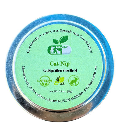 Organic Catnip and Silver Vine Mix in a green-labeled container for cats by ReNewedPet