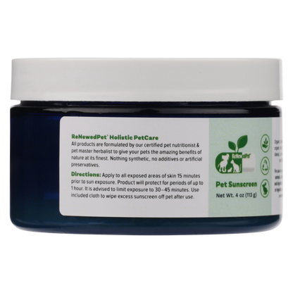 Natural 4 oz pet sunscreen jar for sensitive skin, organic ingredients, non-toxic formula