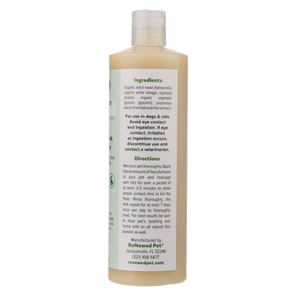 ReNewedPet Herbal Flea Shampoo bottle showing organic ingredients and usage instructions for cats and dogs.