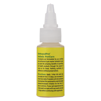 Bottle of Herbal Eye Remedy Drops by ReNewedPet with natural organic ingredients for pet eye health