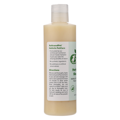 ReNewedPet Herbal Flea Shampoo bottle for cats and dogs with natural organic ingredients