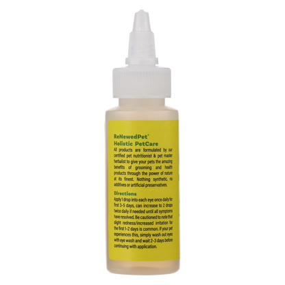 Bottle of Herbal Eye Remedy Drops by ReNewedPet with natural organic ingredients for pet eye health