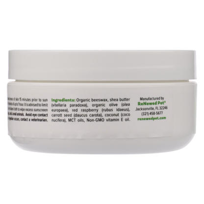 ReNewedPet natural pet sunscreen jar with organic ingredients label and no harmful chemicals for sensitive skin protection