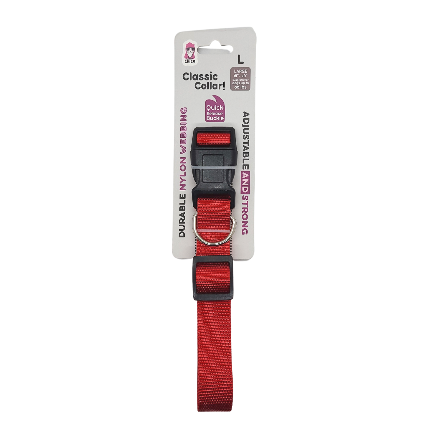 Red quick-release nylon dog collar with adjustable buckle and metal D-ring on packaging for large dogs
