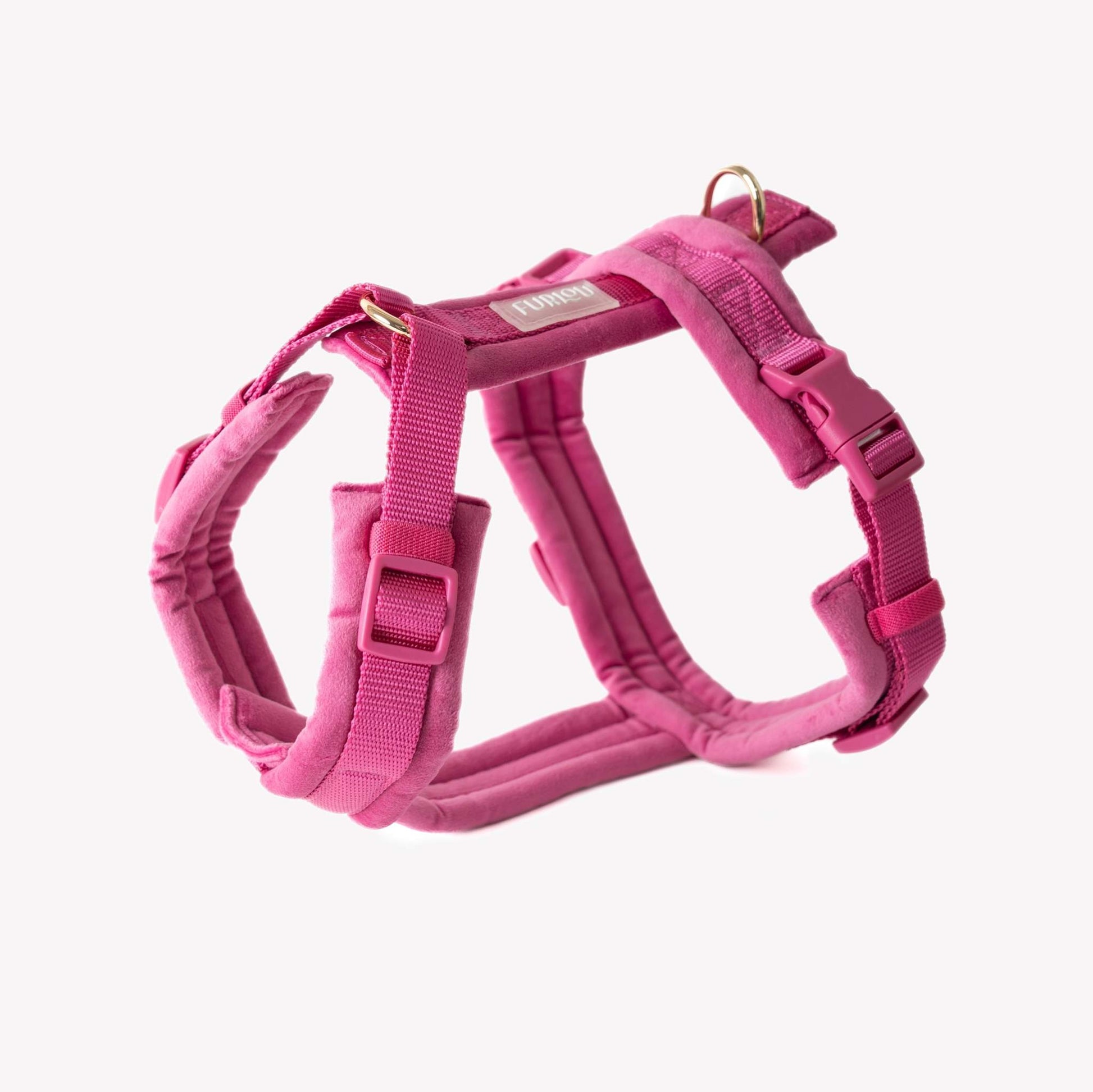 Magenta velvet dog harness with adjustable straps and gold hardware for comfort and style