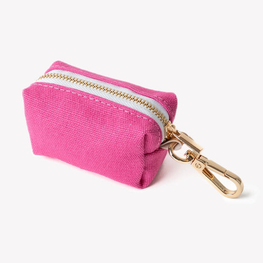 Magenta poop bag holder pouch with zipper and gold clip for leash attachment