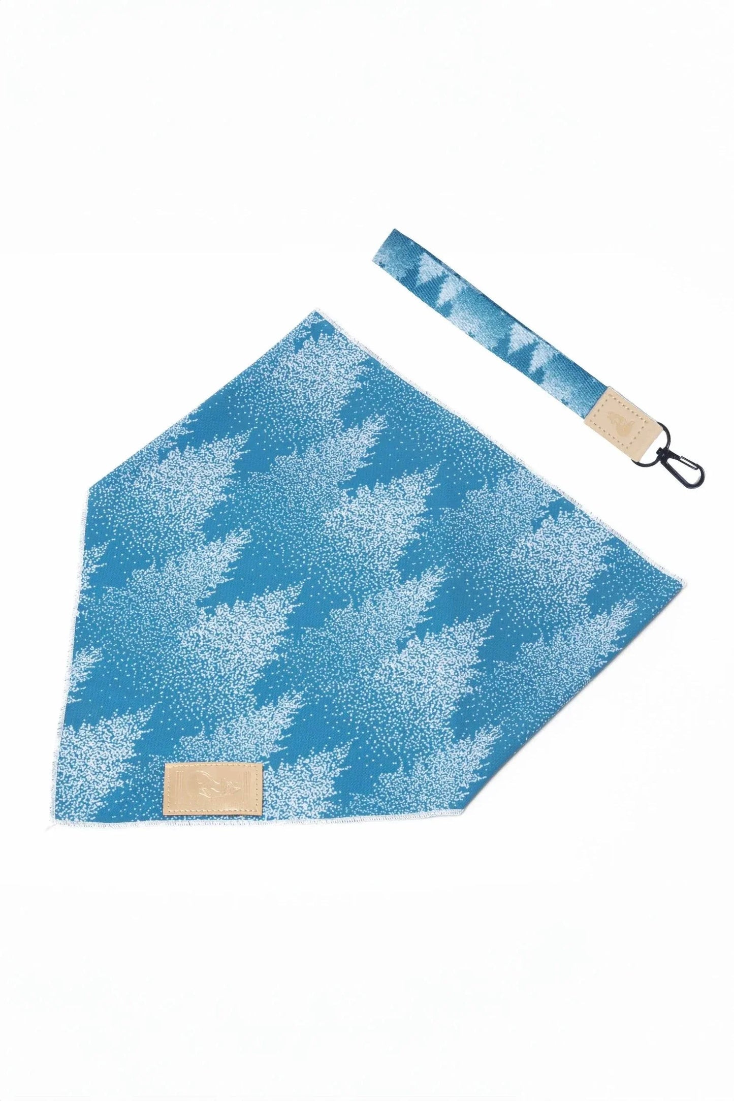 Blue Siberian Spruce dog bandana and matching vegan leather wristlet keychain set