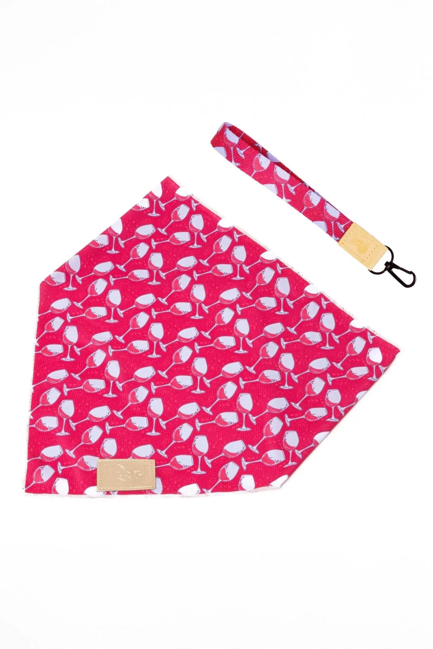 Red Mountain Syrah dog bandana with wine glass pattern and matching vegan leather wristlet keychain