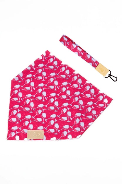 Red Mountain Syrah dog bandana with wine glass pattern and matching vegan leather wristlet keychain