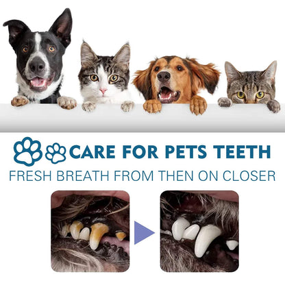 Pet oral cleaning spray for cats and dogs removing tartar and freshening breath shown with before and after teeth care images and happy pets.