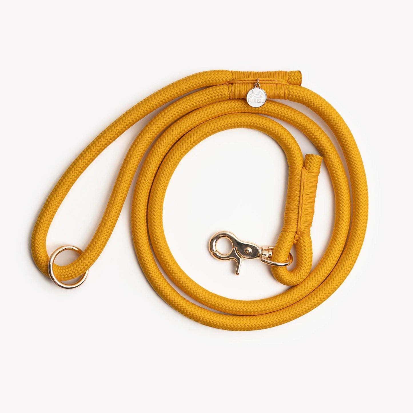 Yellow braided rope leash made of durable double-braided nylon with metal clip and O-ring handle for strong-puller dogs.