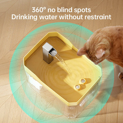 Automatic pet water dispenser with 360-degree water flow and yellow top, USB-powered for cats and dogs
