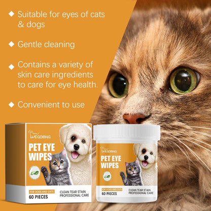 Pet eye wipes for cats and dogs with gentle cleaning and skin care ingredients for tear stain removal and eye health.