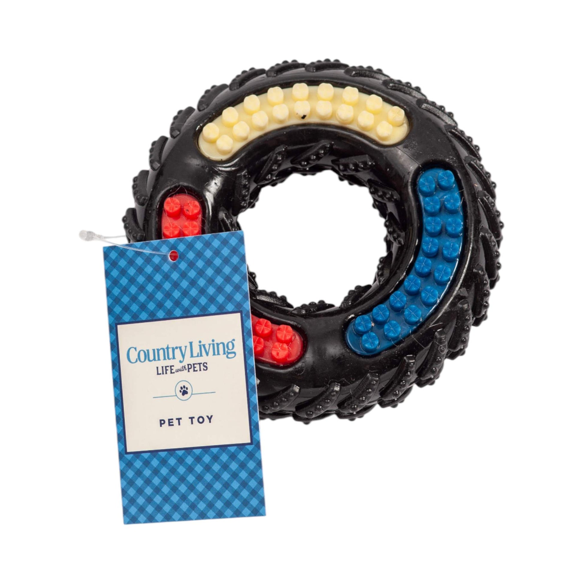 Country Living Tire of Fun durable TPR textured dog chew toy with colorful ridges for interactive play