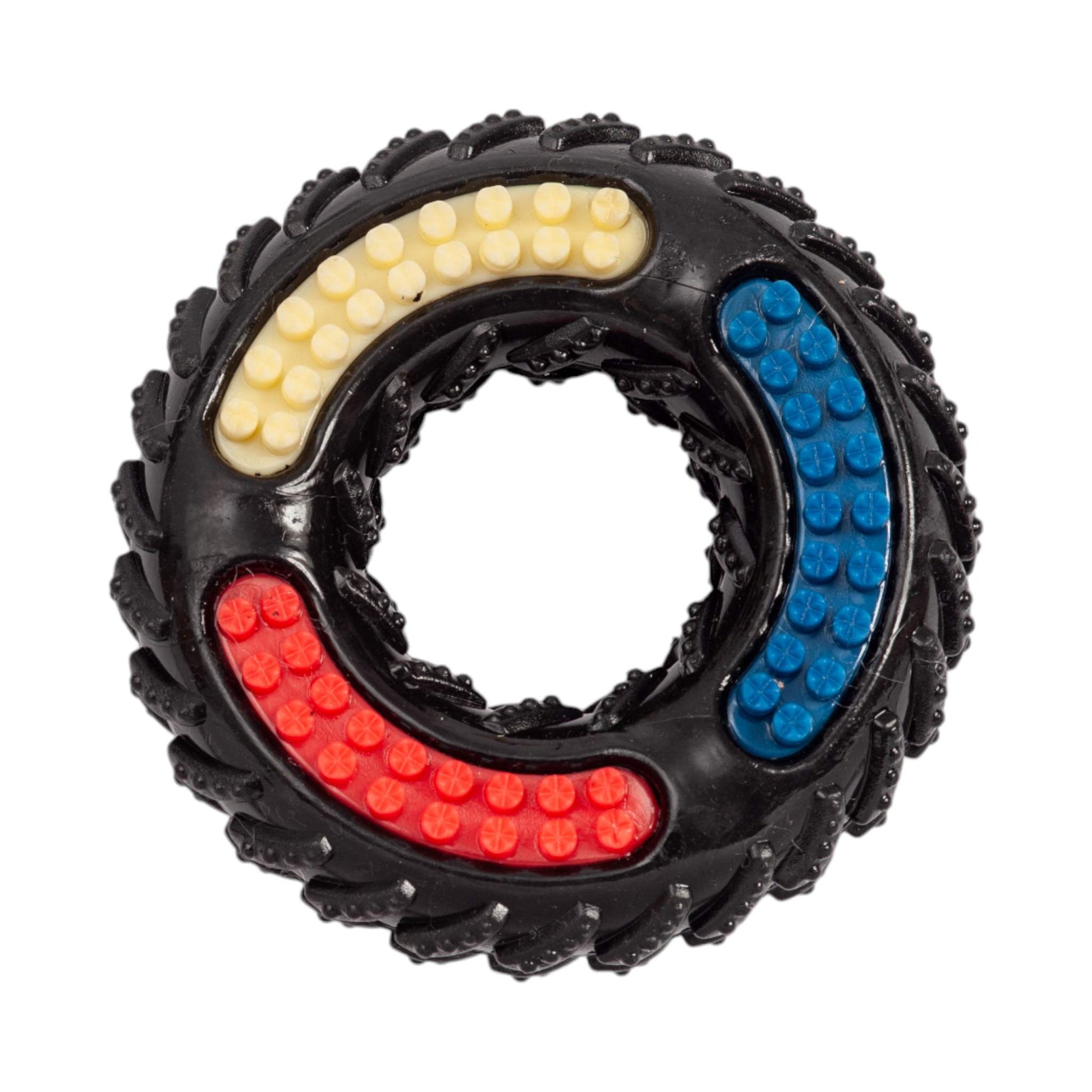Country Living Tire of Fun durable TPR textured dog chew toy with red, blue, and yellow accents for interactive play and dental health.