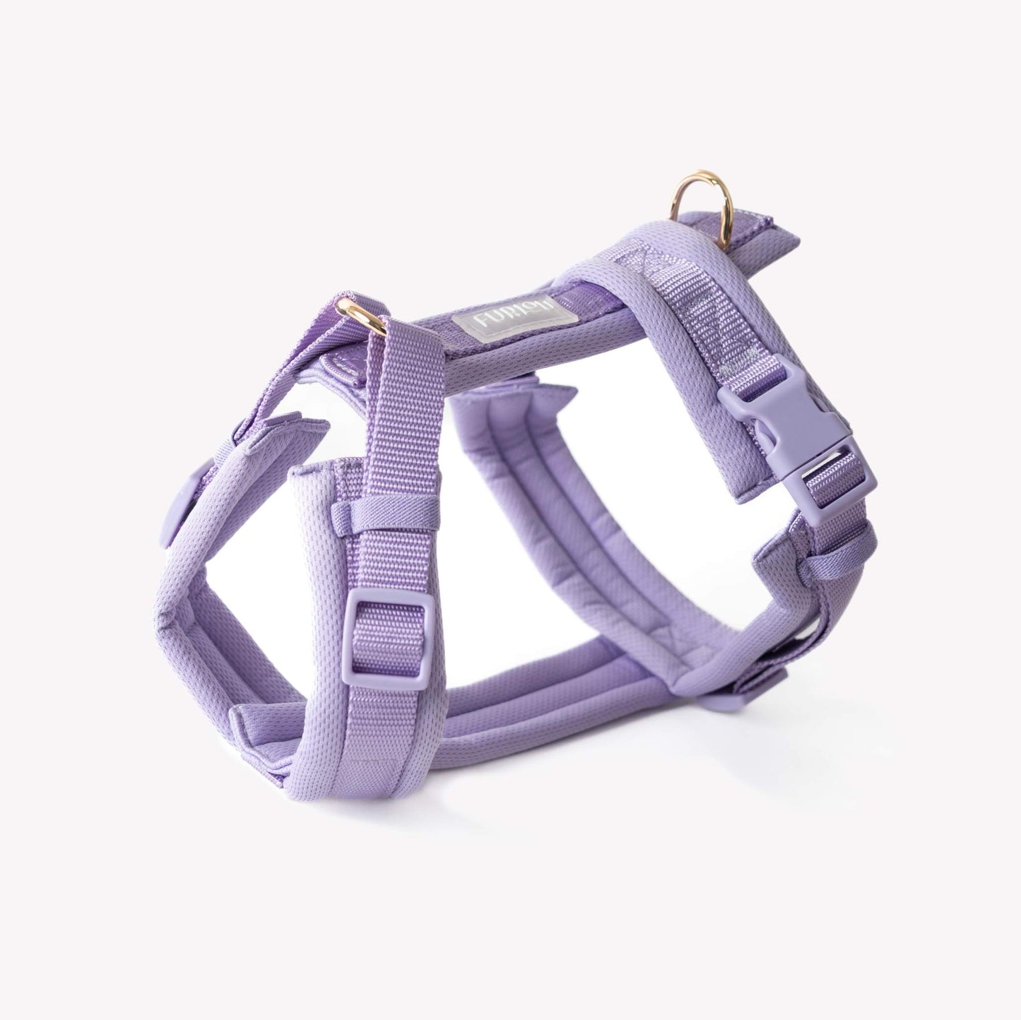 Lavender - Comfort Dog Harness with adjustable straps, padded breathable fabric, Y-shape design, and gold hardware for neck pressure relief